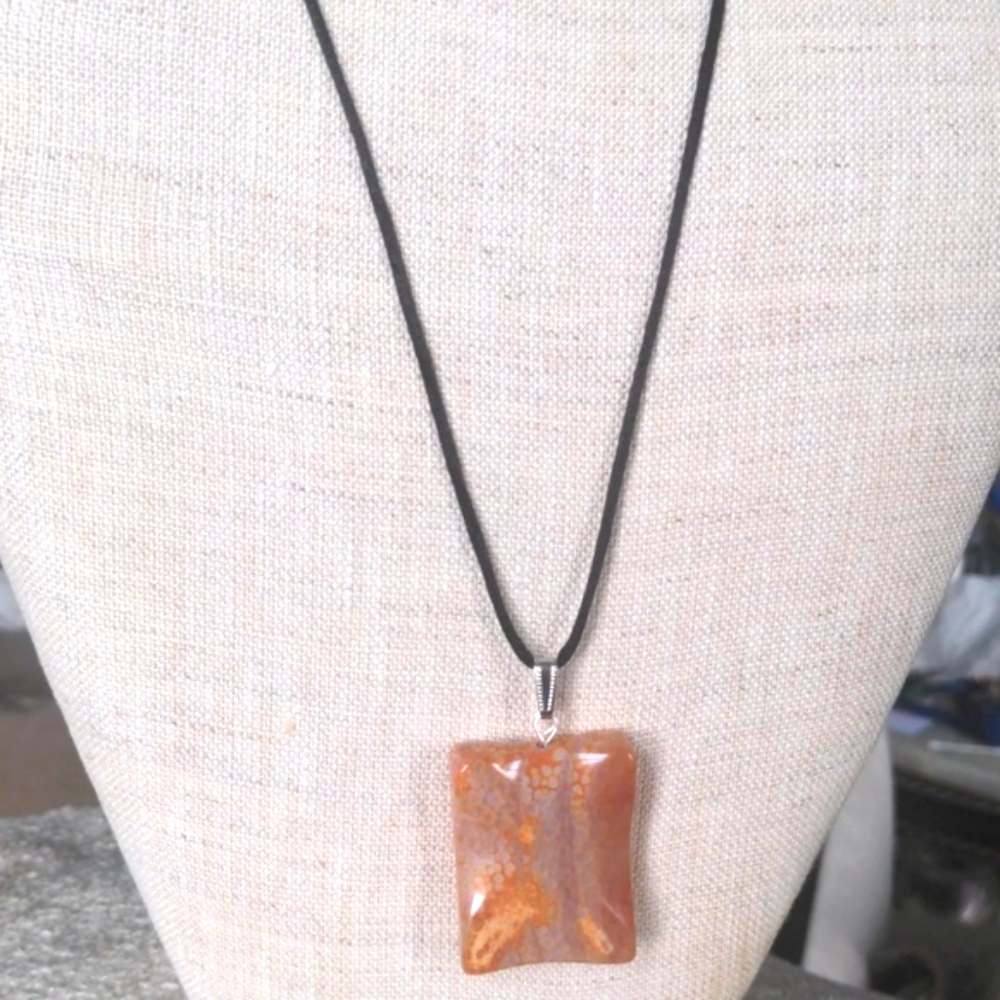 New Fire Agate Adjustable Pendant Necklace.  Huge Genuine 16 To 36" Unisex,  Box